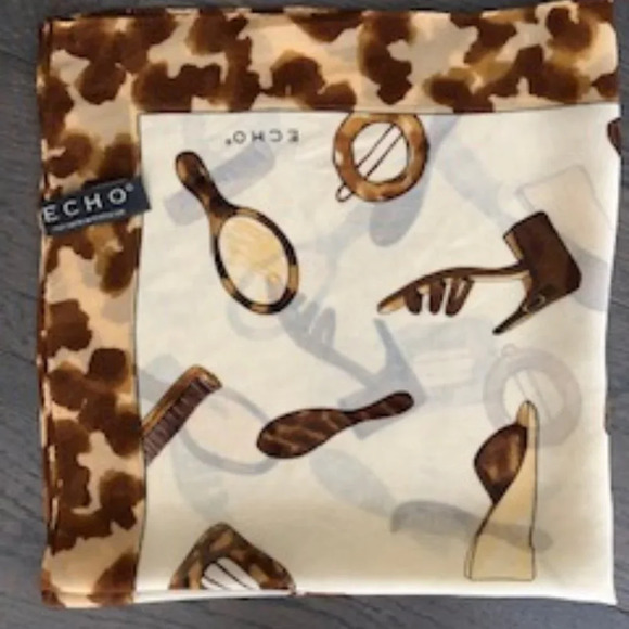 Echo 100% Silk Square Scarf Fashion Motif & Animal Print Cream + Brown Sz OS - Picture 2 of 3